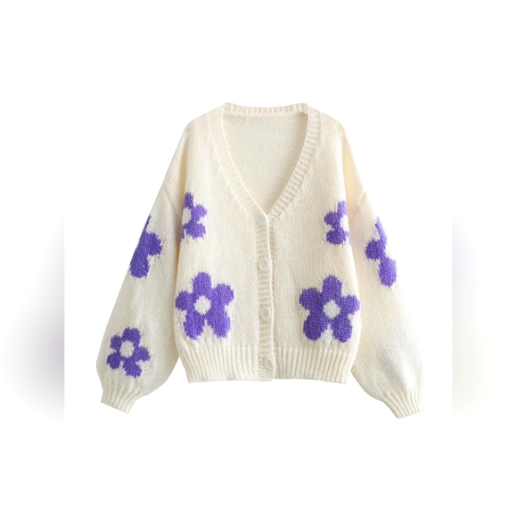 Sweaters - Women's Casual White and Lavender Floral Button Up V-Neck Long Sleeve Cardigan